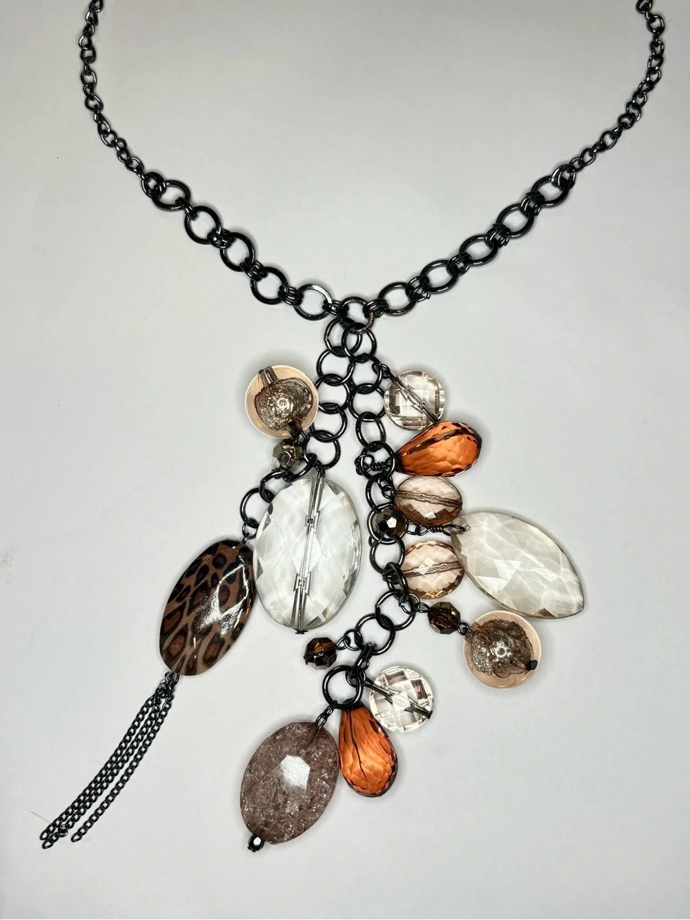 NY Womens Charm Pendant Necklace 38” Gunmetal Chain Costume Jewelry